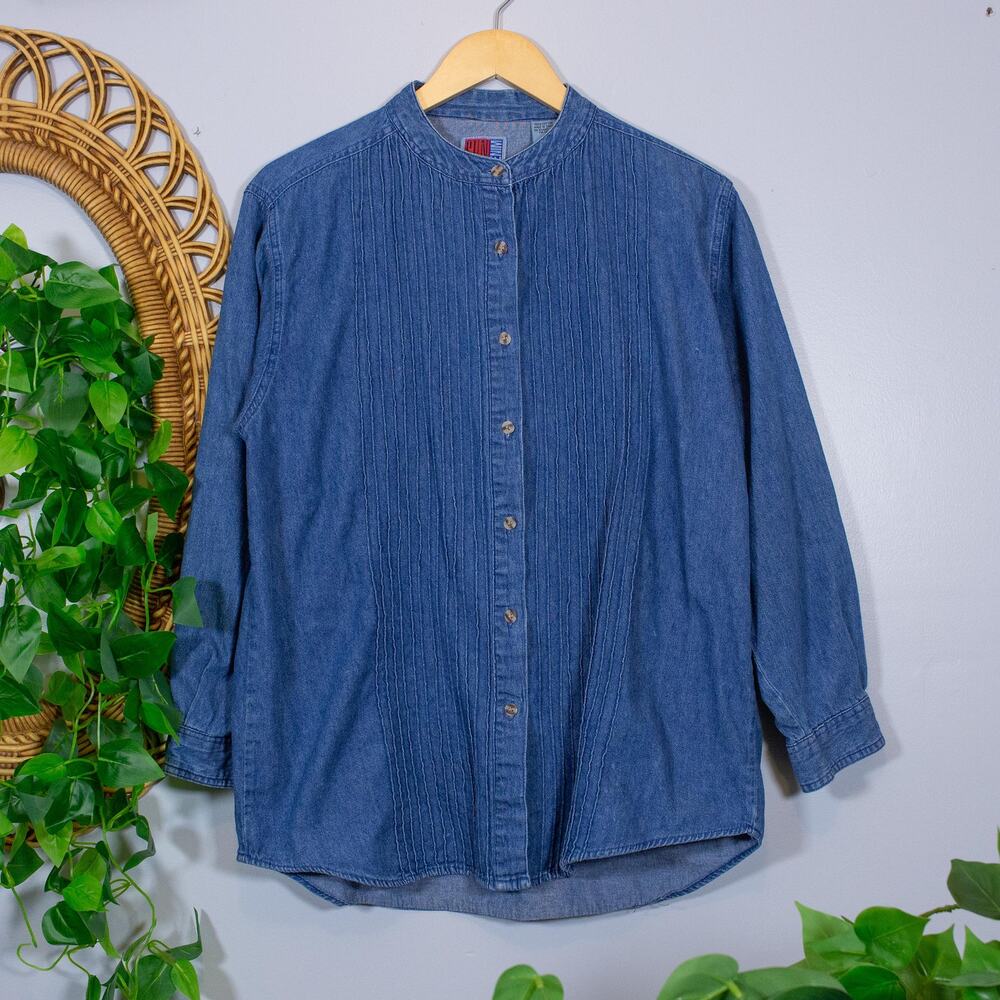 Chambray Band Collar Button Shirt Lagenlook Oversized Minimal Vtg | Soft Summer